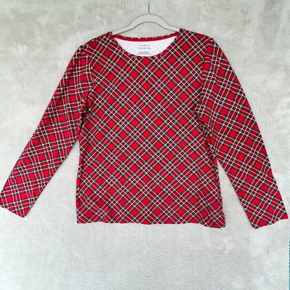 The Talbots Tee Womens Large Red Tartan Plaid Cotton Stretch Long Sleeve Holiday - Picture 1 of 5